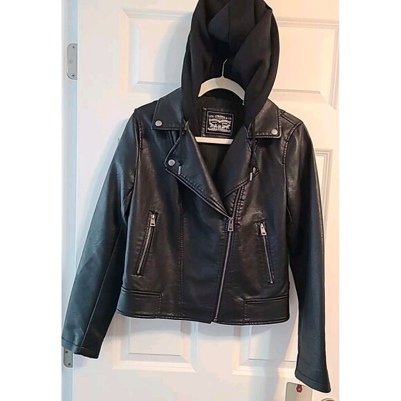 NWT $120 Levi’s Strauss Women Faux Leather Hooded Moto Biker Jacket Black Sz S - Picture 2 of 8